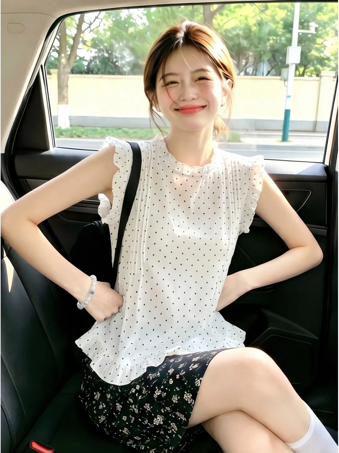 

White Polka Dot Lace Trim Loose Fit Summer Women's Shirts Half Sleeve Inner And Outer Wear Flounce Sleeve Chiffon Tops
