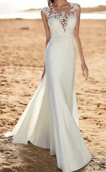 Chiffon Bridal Gowns With Appliques Fall Wedding 2024 Beach Open Back Simple Wedding Dress Mermaid / Trumpet Illusion Neck Cap S