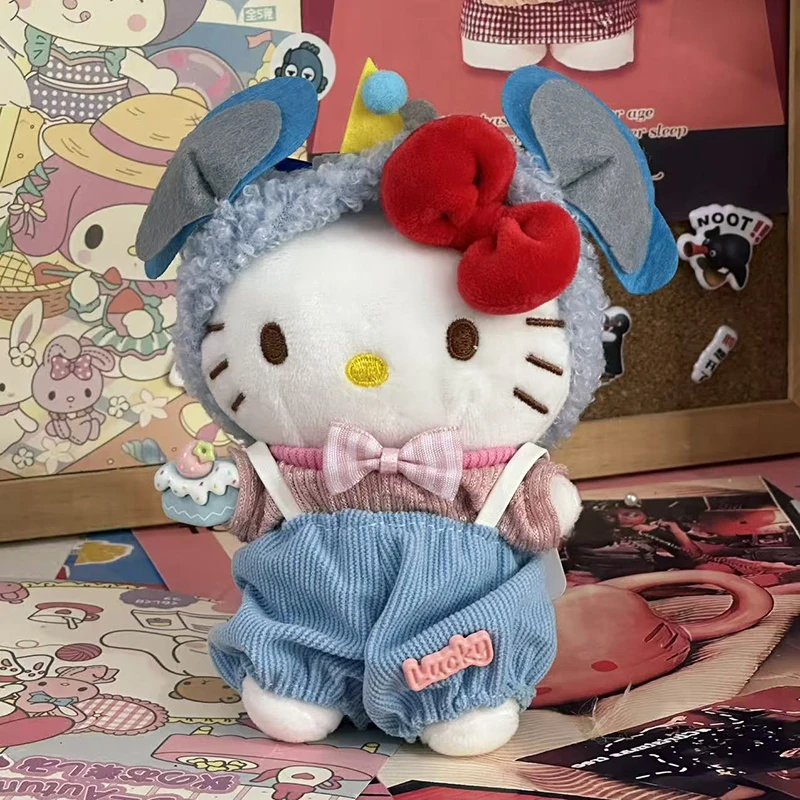 Sanrios Hellokittys Costume Plush Toy Keychain with Bow Cute Kt Cat Blue Jeans Style Character Design Backpack Décor Ideal Gifts