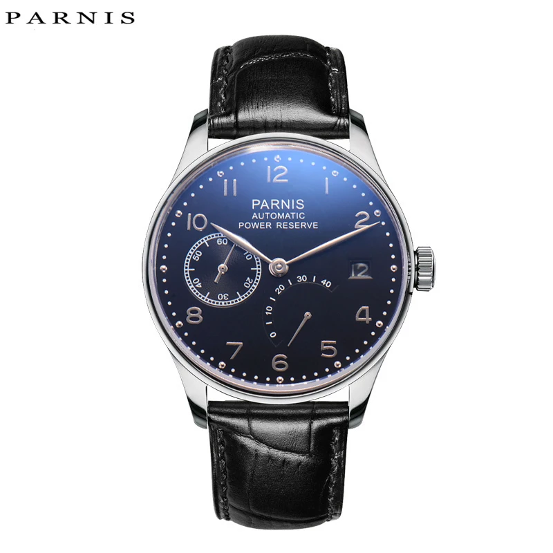 

Fashion Parnis 43mm Black Dial Mechanical Automatic Men Watches Power Reserve Calendar Leather Strap Sports Watch reloj hombre