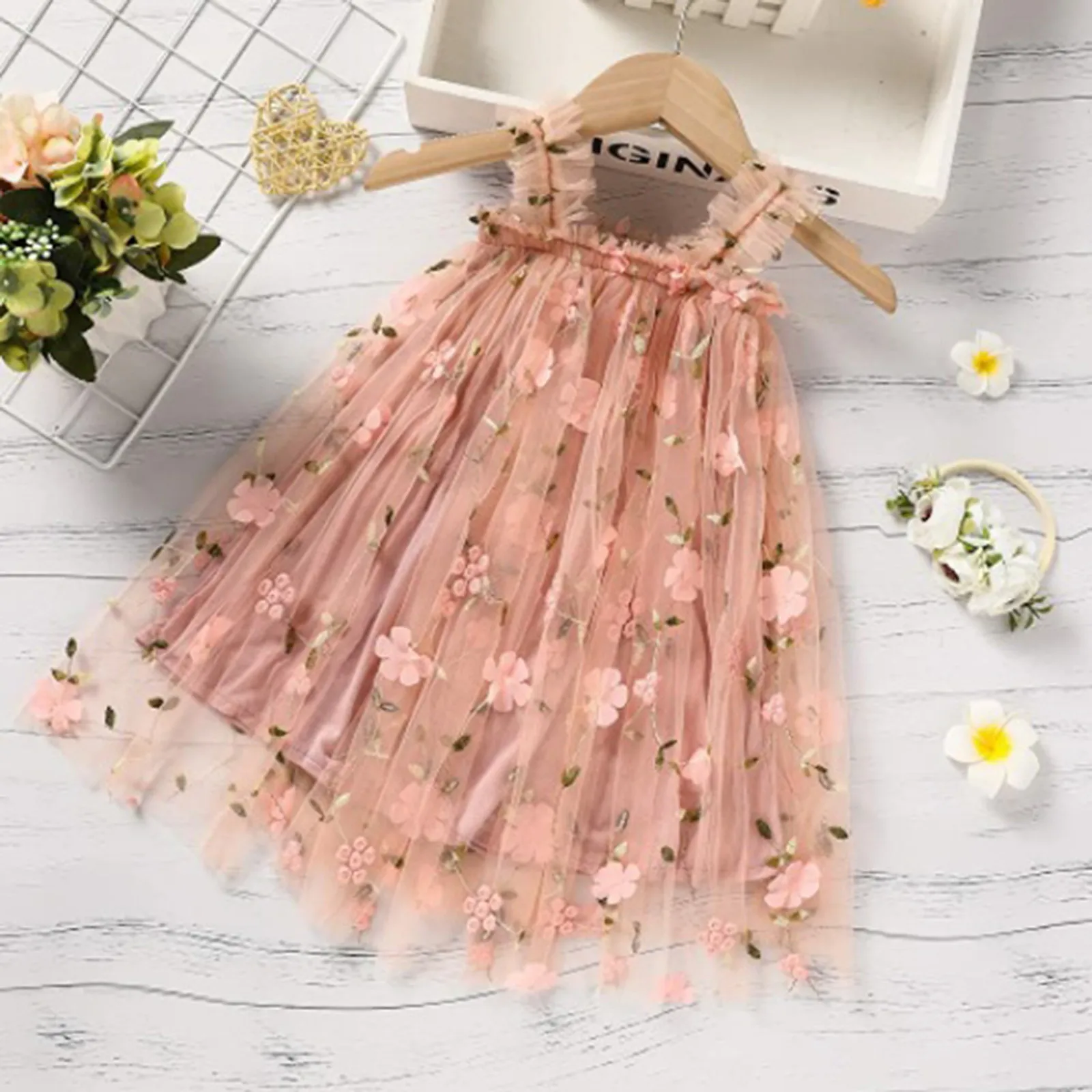 1 2 3 4 5 6 anni Toddler Girls senza maniche Floral Tulle Princess Dress Dance Party Dresses Clothes Lace Dress Straps Sundress