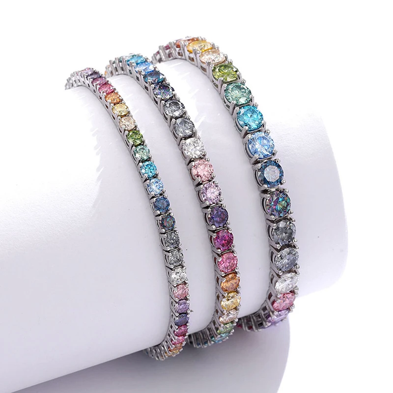 NeeTim 3mm 4mm 5mm Colorful Moissanite Tennis Bracelet Colored Sparkling Gem Chain S925 Sterling Silver Bracelets for Women Man
