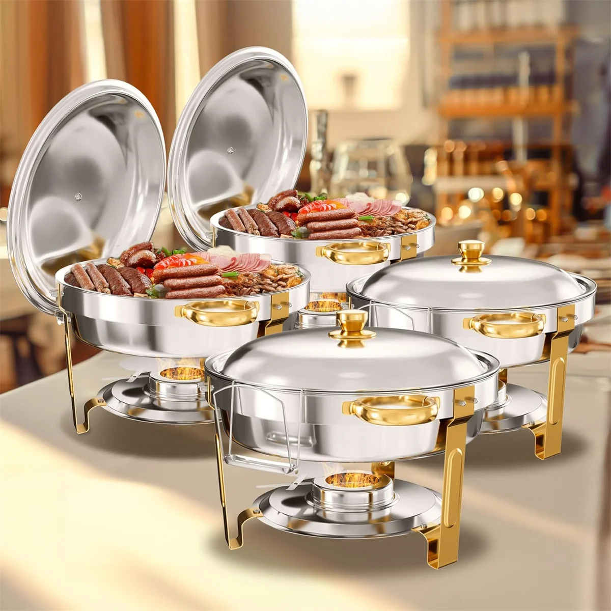 2/4 Pack 5Qt Gold Round Chafing Dish Food Warmer Container Set with Stainless Steel Lid Holder Hotel Buffet Warmer Gas Fuel Pan