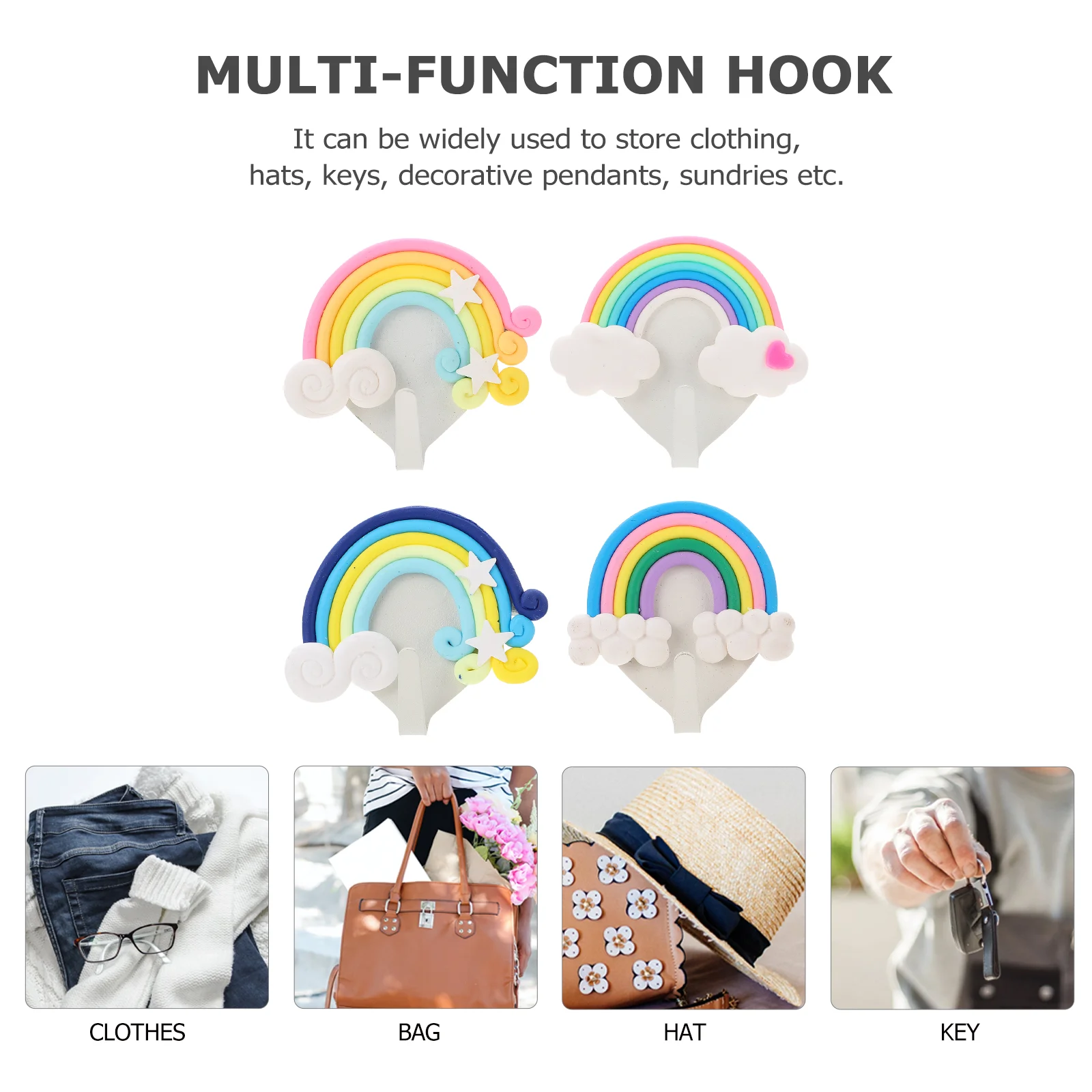 Kitchen Wall Hook Rainbow Key Hat Towel Hooks Adhesive Cute Clouds Star Decorative Mounted Hanger Home Office Room Decor