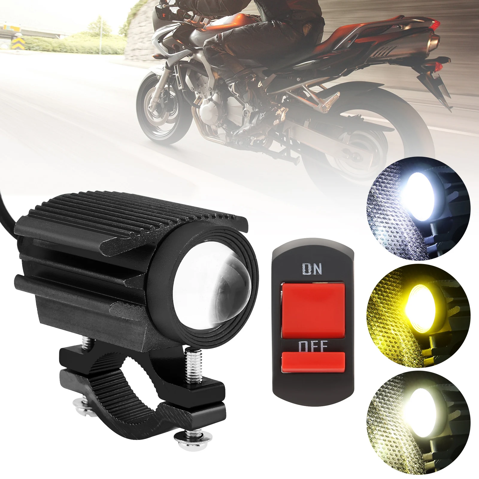 6500K 9-85V LED Motorcycle Headlight Yellow White Dual Color 4-Mode Hi / Lo Beam Motorbike 32W Aux Spotlight with Switch