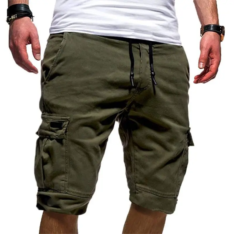 Calça cargo masculina de verão, cintura média, cordão, férias de praia, joelho, casual, bolsos de cor sólida, calça que combina com tudo, roupa nova, 2023