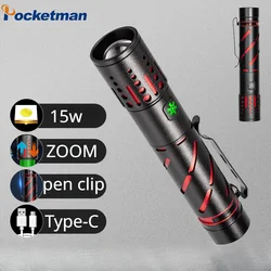 Powerful LED Flashlight with Clip Super Bright Rechargeable Zoomable Torch Aluminum Alloy Outdoor Emergency Light 18650