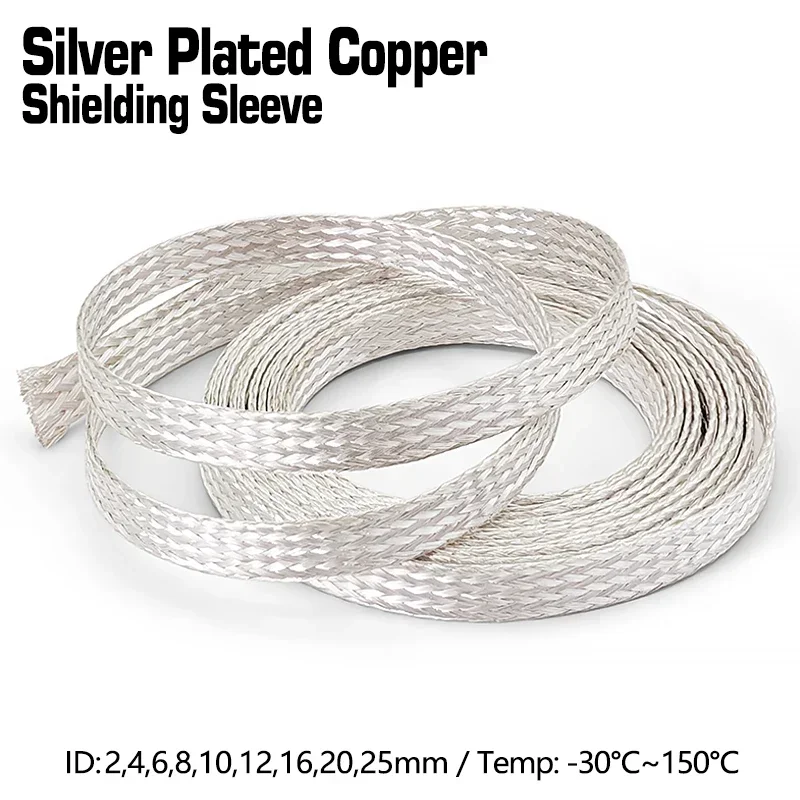 Wire Silver Plated Copper Shield Sleeve Audio Speaker Anti-Interference Blocking Telescopic Braided Mesh Tube ID2/4/6/10/20/25mm