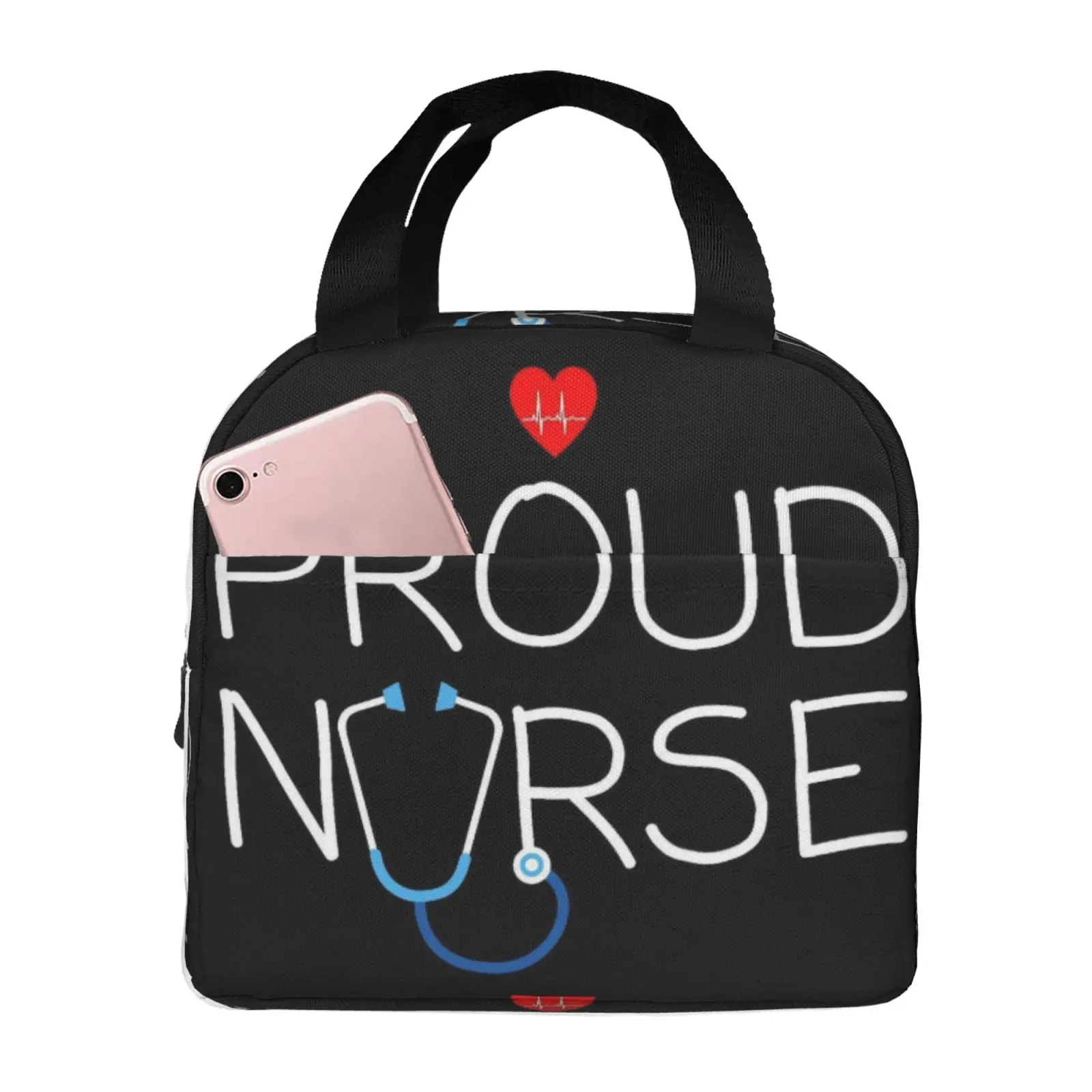 Proud Nurse Text Print Insulated Lunch Bag Portable Cooler Tote Bag Nurse Appreciation Gift for Healthcare Workers