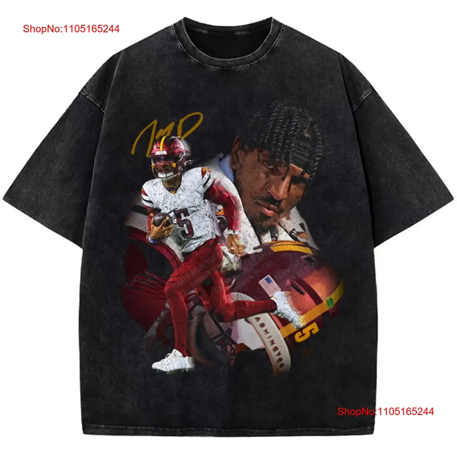 تي شيرت Jayden Daniels تي شيرت Washington Rookie Star مخصص عتيق مغسول للارتداء اليومي مريح قليلاً