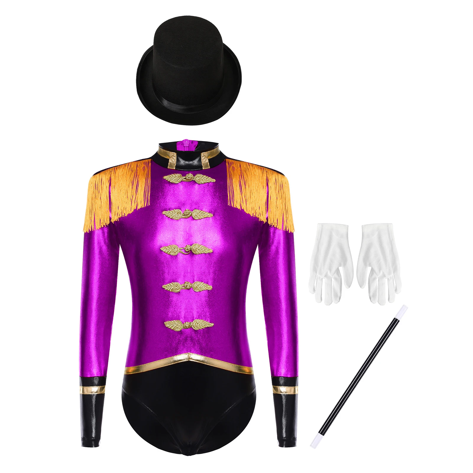 

Carnival Circus Ringmaster Role Play Bodysuit Long Sleeve Tassel Epaulets Jumpsuit with Hat Gloves Magic Wand Suits