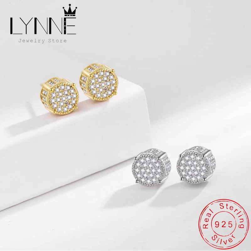 

Hip Hop Punk Rock Full Inlaid Zircon Rhinestone Round Stud Earrings 925 Sterling Silver Women&Men Unisexual Golden Ear Jewelry