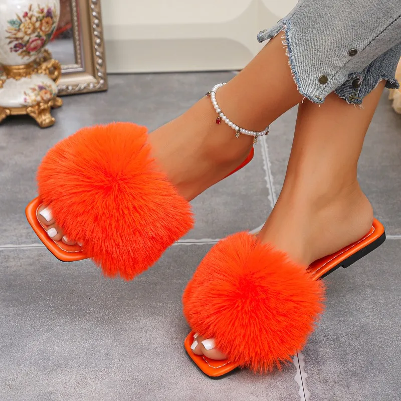 Summer Women Flat Fluffy Flip Fur Slippers 2026 New Fashion Square Toe Female Shoes Outdoor Casual Lightweight Beach Sandals - view 2