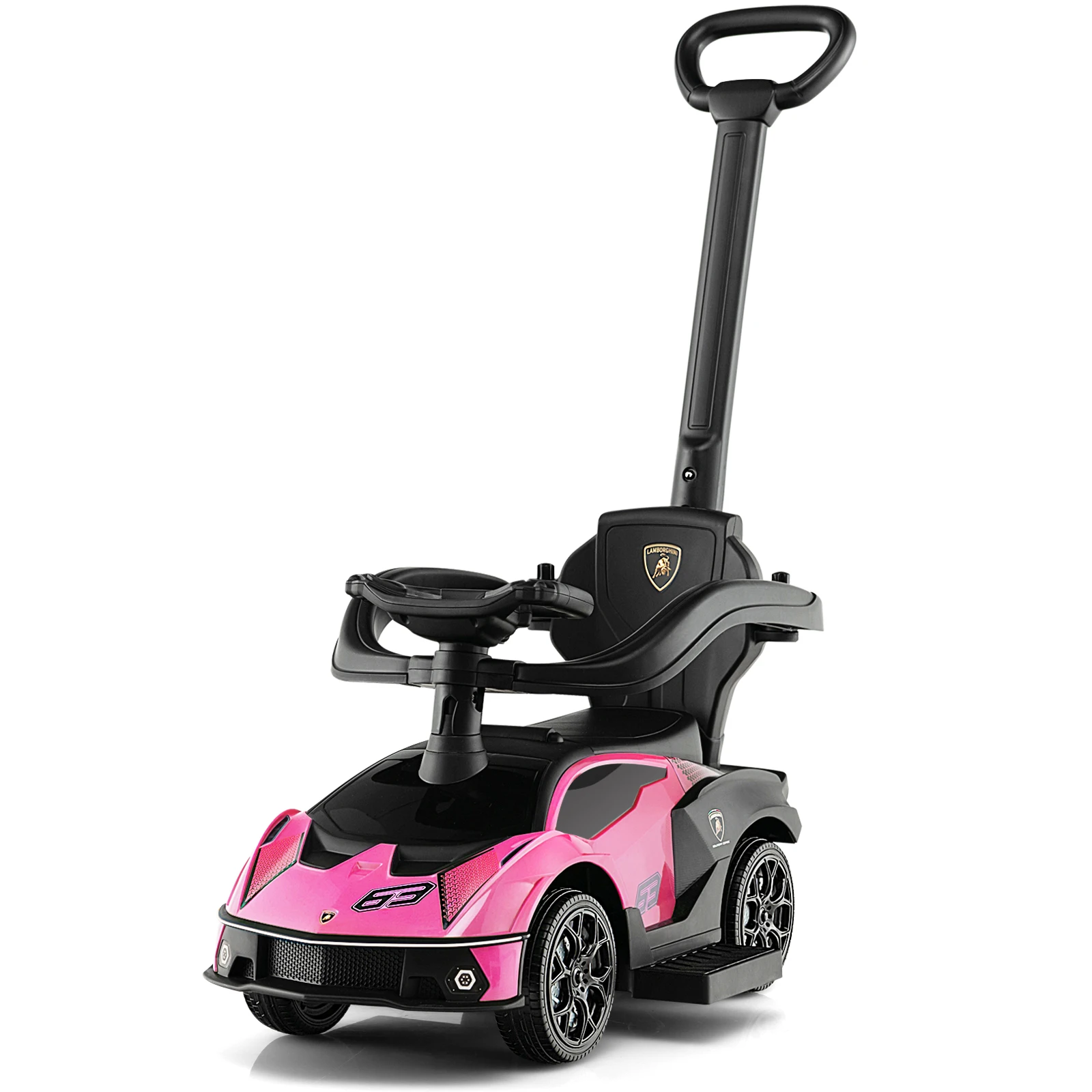 3-in-1 Licensed Lamborghini Ride on Push Car Stroller Sliding Car w/ Sound Pink