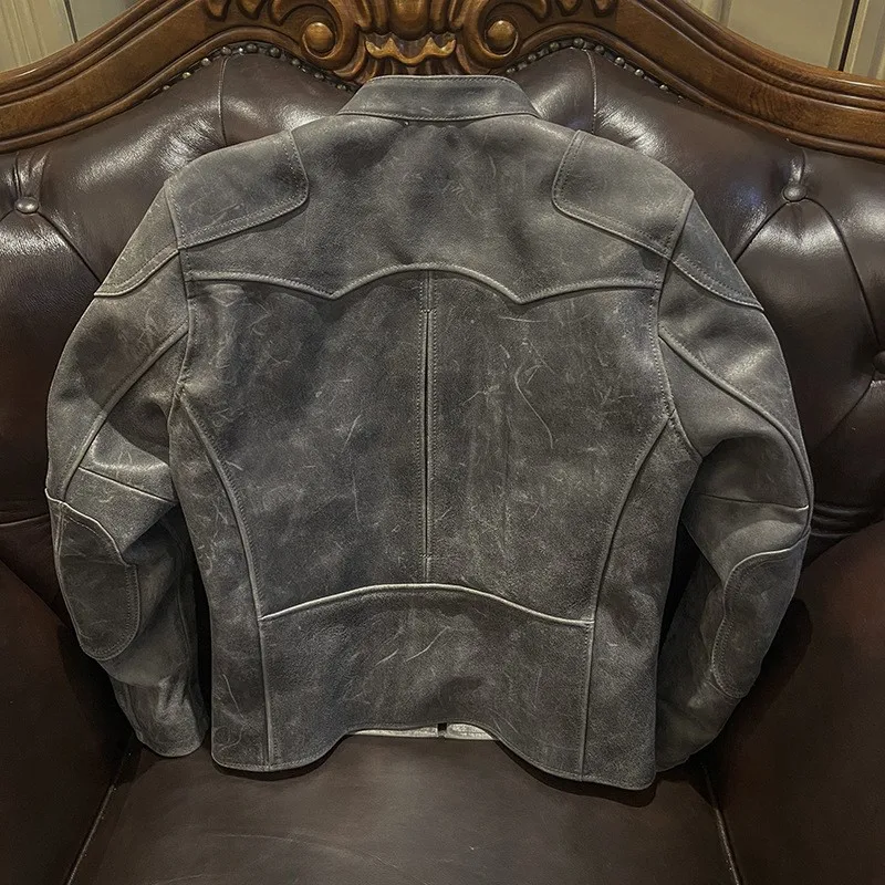 Men's stand-up collar multi-pocket leather vintage craftsmanship pure cowhide