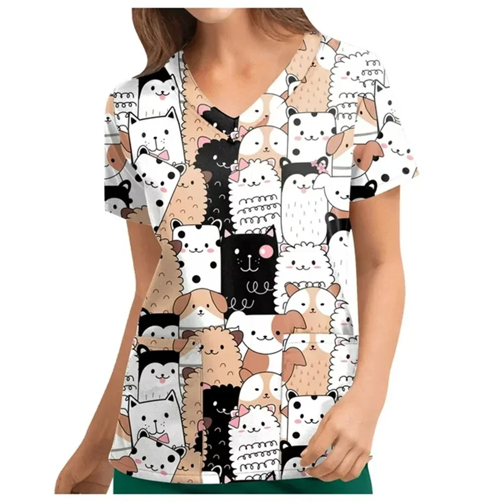 Cartoon 3D printing cute animal pattern nurse medical uniform V-neck pocket nursing short sleeve pocket fashion work clothes