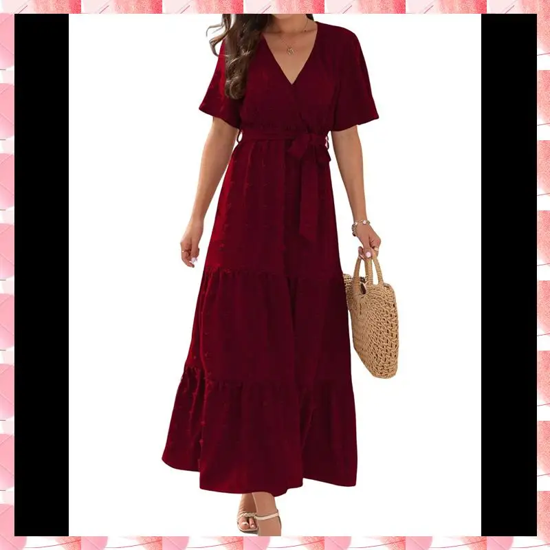 Boho Dot Summer Maxi Dresses For Women Wrap V Neck Short Sleeve Long Flowy Church Wedding Guest Dress