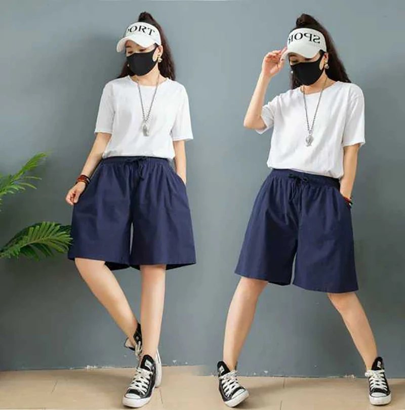 Summer Ladies Cotton Linen Wide-leg Shorts Fashion Joker Casual Elastic Waist Lace-up Shorts Korean Simple Five-point Shorts