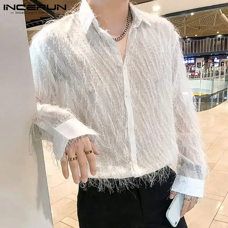 2024 Men\'s Shirt Mesh Transparent Striped Tassel Lapel Long Sleeve Casual Men Clothing Streetwear Party Fashion Shirts INCERUN