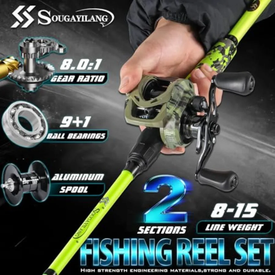 Baitcasting Combo for topwater bass, pike, walleye IM7 graphite 2-piece M/MH rod, camo finish, EVA handle, 8.0:1 gear ratio, 18