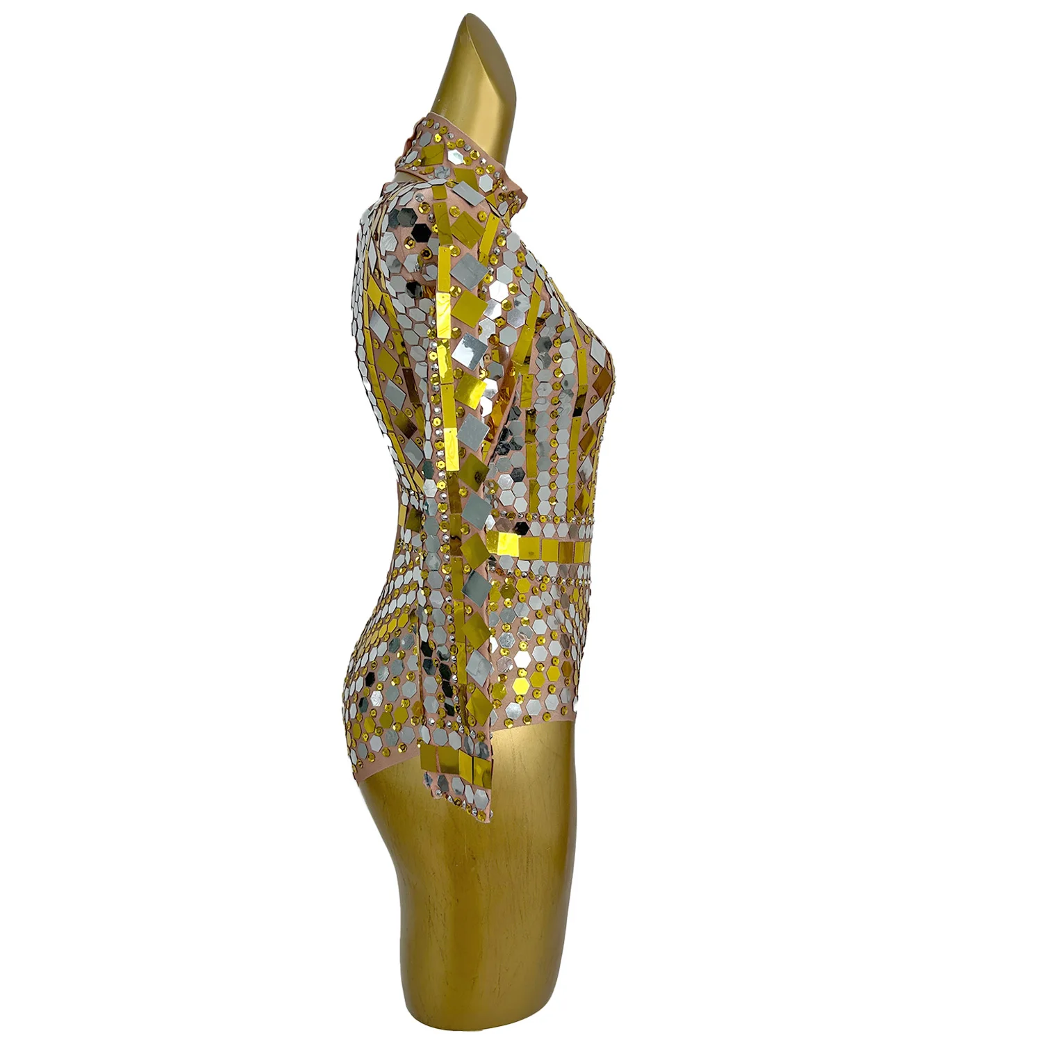 

Fangjinqigaocha New Women Long Sleeved Jumpsuit Shiny Geometric Glitter Jumpsuit Shorts Bar Celebrity Dancer Performance Outfit