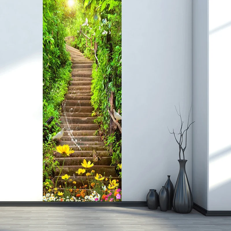 

2 Pieces/Set Self-Adhesive Door Sticker 3D Green Forest Wall Papers Living Room Toilet Wall Door Stickers PVC Home Decor