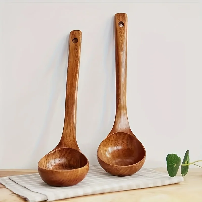 Solid Wood Soup Spoon Long Handle Cooking Ladle Non-scratch Kitchen Utensil Heat Resistant Wooden Serving Spoon for Hot Pot