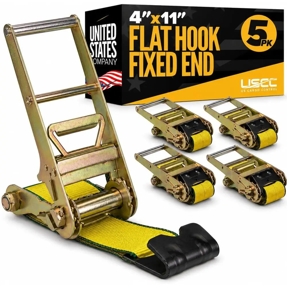 4 x 11 5-Pack Replacement Fixed Ends Straps, 5400 lbs WLL, Zinc-Coated Ratchets, Black Flat Hooks for Trailers