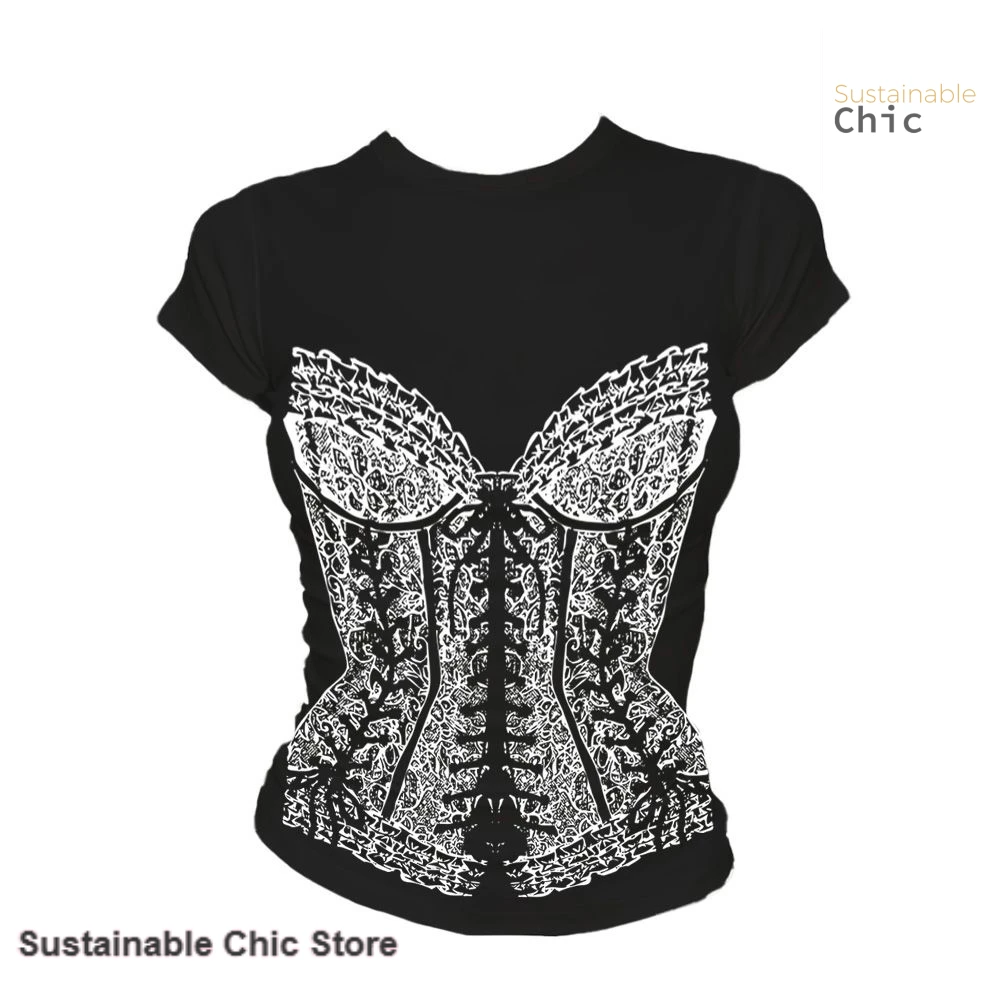 

American shoulder slim print T-shirt women's summer new street personality spice girl design feeling slim round neck top.