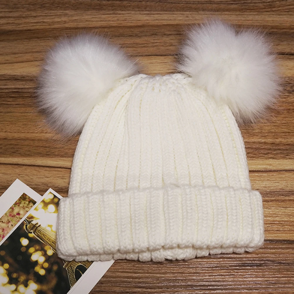 

Winter Women's Chunky Knit Beanie White Double Faux Pom Pom Ears Thick Warm Knit Hat for Women Women Winter Hat