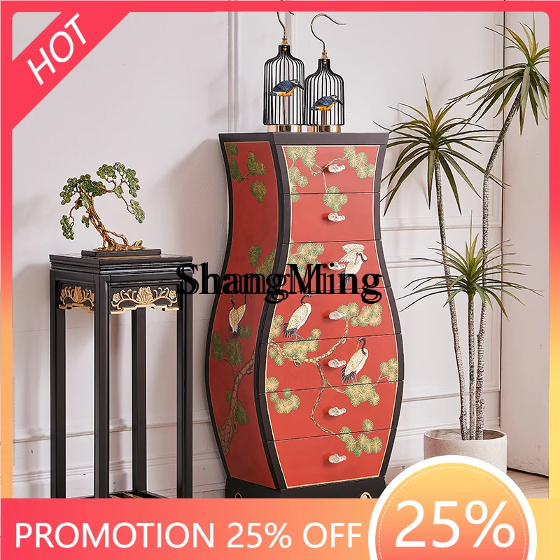 

Комод-тумба для спальни в китайском стиле «Национальный толчок», красный, с росписью, высокий, для телевизора и дивана