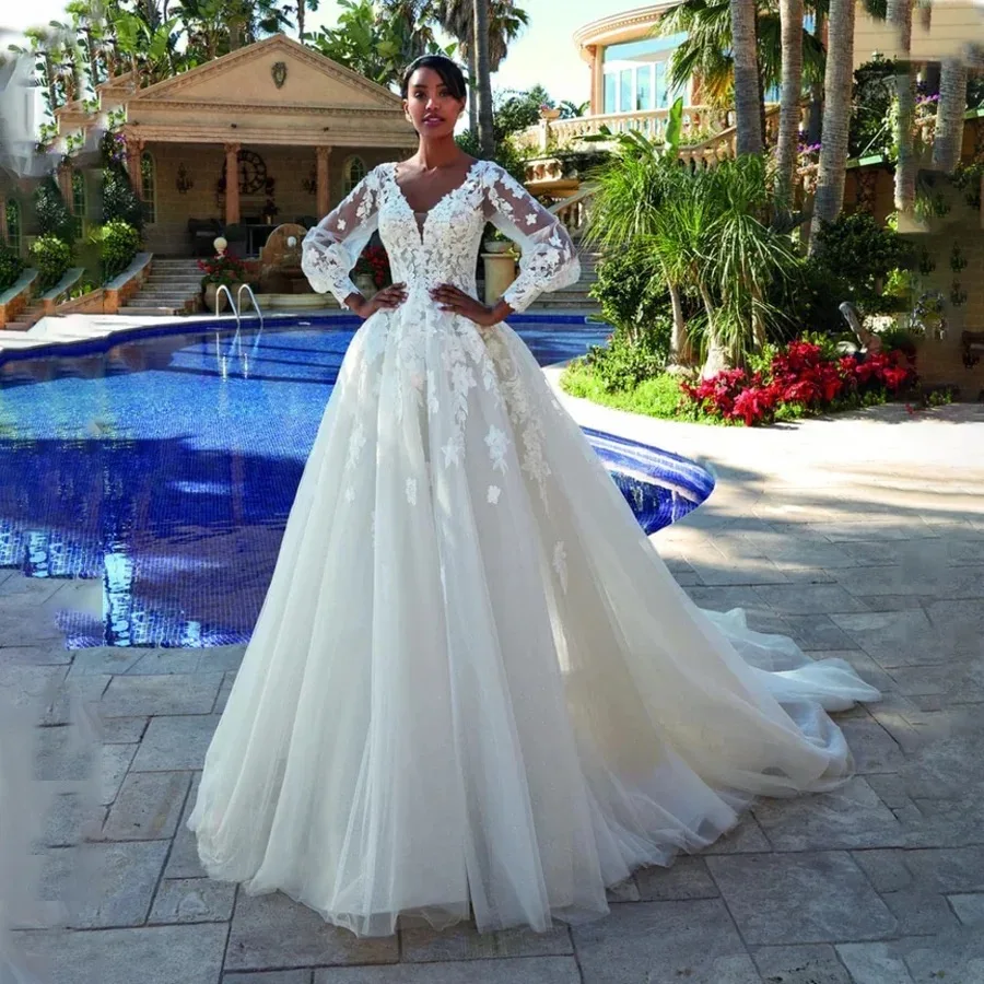 

Сверкающее тюлевое свадебное платье с пайетками по индивидуальному заказу и пышными длинными рукавами, вневременное свадебное платье с аппликацией и V-образным вырезом, Vestido