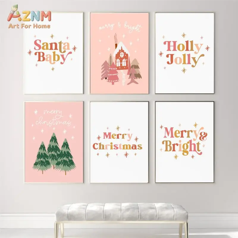 AZNM Frameless Canvas Poster Pink Pastel Christmas Tree House Letter Print, Merry Christmas Holiday Quote Wall Art Picture for K