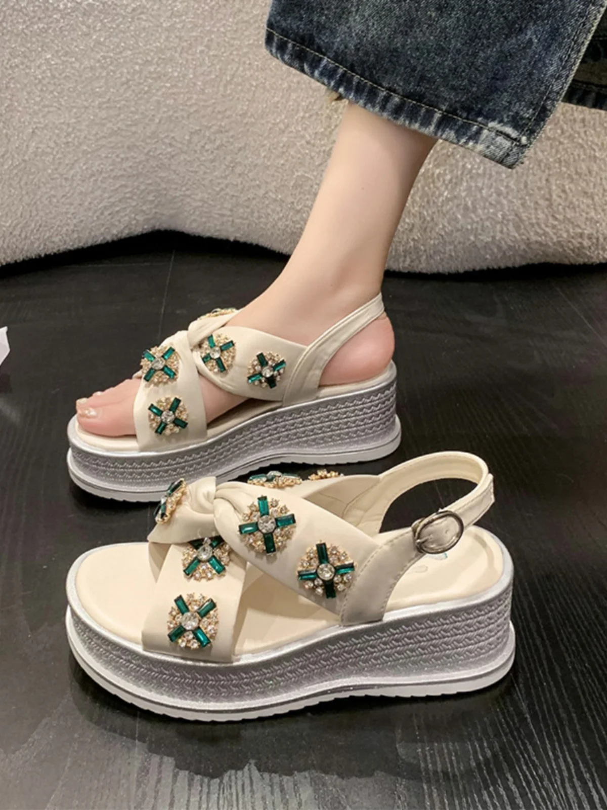 Comfort Shoes for Women Rhinestone Sandals Summer Heels Espadrilles Platform Clogs Wedge Buckle Suit Female Beige Anti-Skid Fash