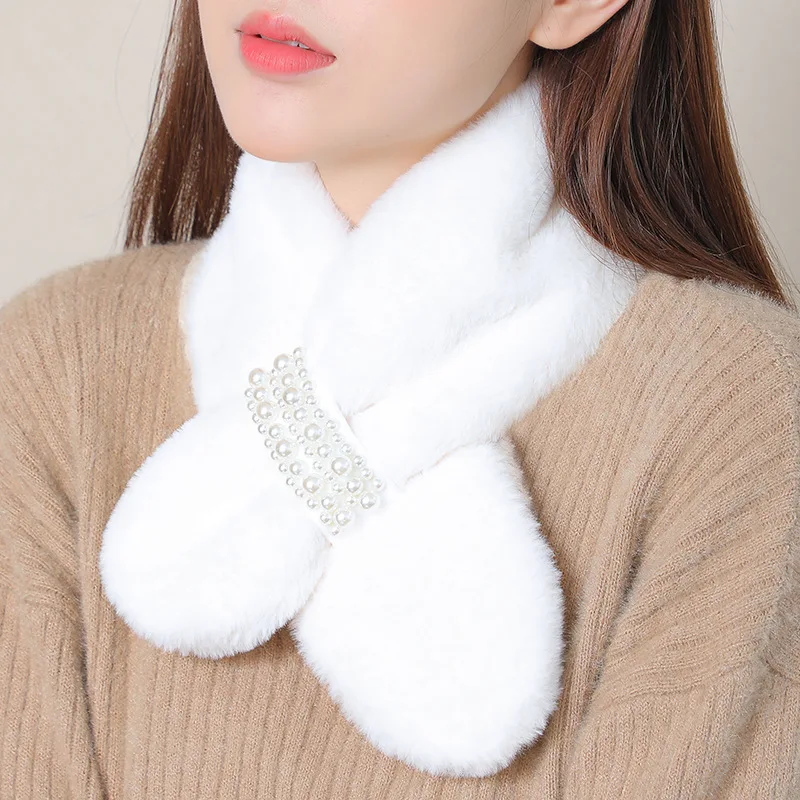 Fashion Pearl Cross Plush Scarf Women's Faux Rabbit Fur Fake Collar Winter Thicken Neck Protection Outdoor Windproof Warm Bib