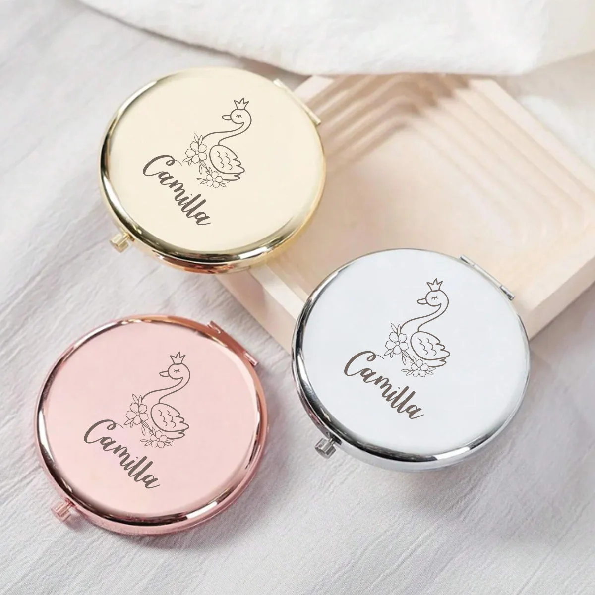 1pc Lovely Swan Customized Name Makeup Mirror Folding Mirror Round Circle Mirror Christening Souvenir
