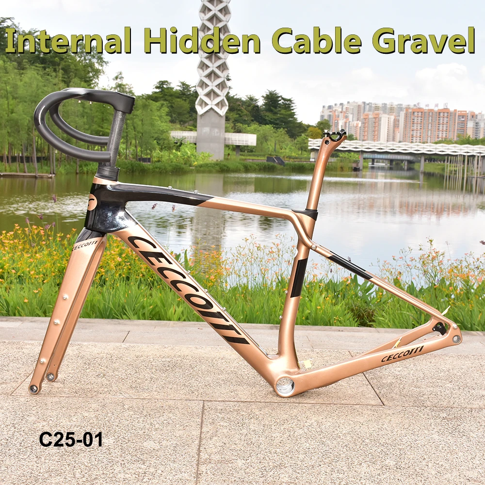 2024 Carbon Gravel Frame Disc Brake 700C Threaded T47 Full Hidden Cable Gravel Bicycle With Handlebar