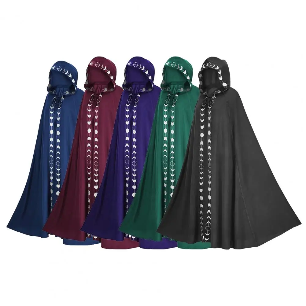 عباءة معالج تأثيري للجنسين ، عباءة ساحرة بأربطة ، رأس هالوين ، طباعة عباءة ، طباعة القمر ، طويلة في القرون الوسطى ، القوطية ، طويلة ، العباءات