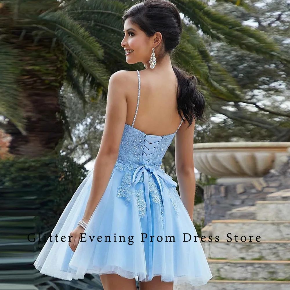 2024 Sexy Mini Short Prom Dresses For Women A-Line V-Neck Backless Appliques Tulle Lace Up Custom Birthday Evening Party Grows