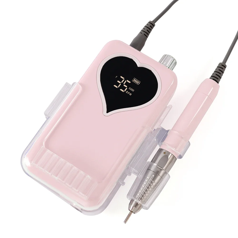 Pink Portable Nail Drill Machine Nail Product Brushless Handpiece Design 35000RPM Base Charging Strong Power