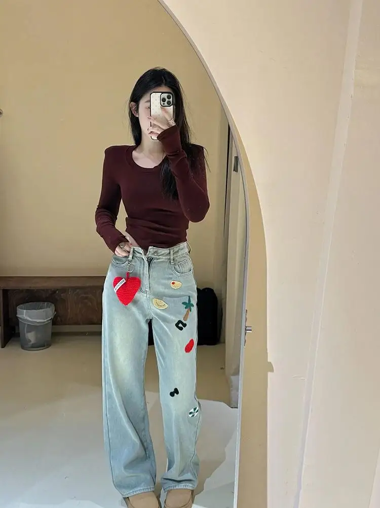

Cisas Thiened Fce High Waist Straight Leg Jeans Women's Heavy Embroidery Patchwork Wide Leg Pants Commute Sle Winter