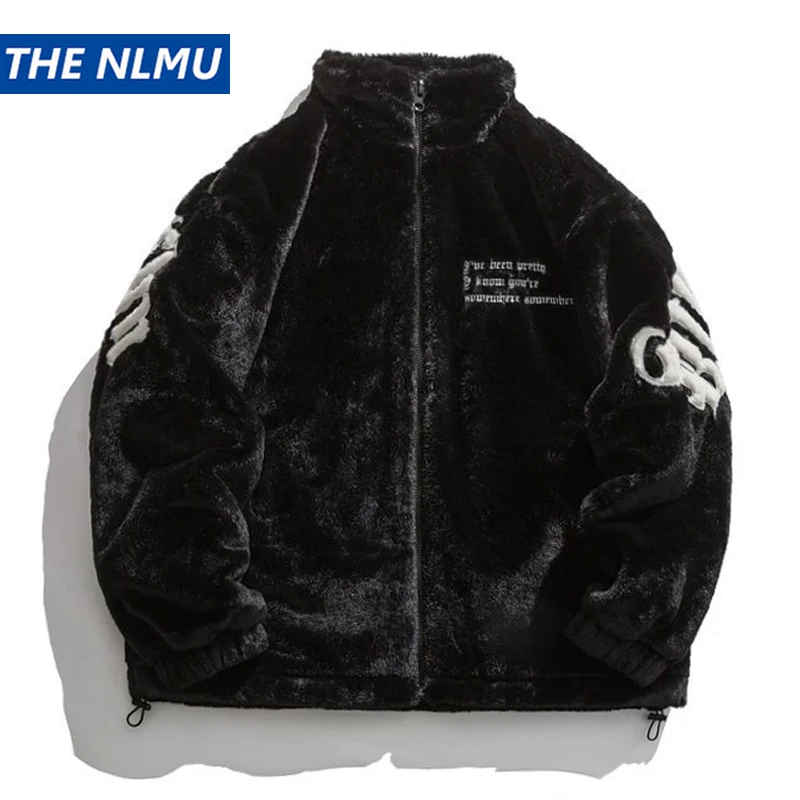 

Men's Letter Embroidery Jacket Parka 2025 Winter Streetwear Faux Fur Thick Warm Fuzzy Fluffy Coat Unisex Casual Padded Outerwear