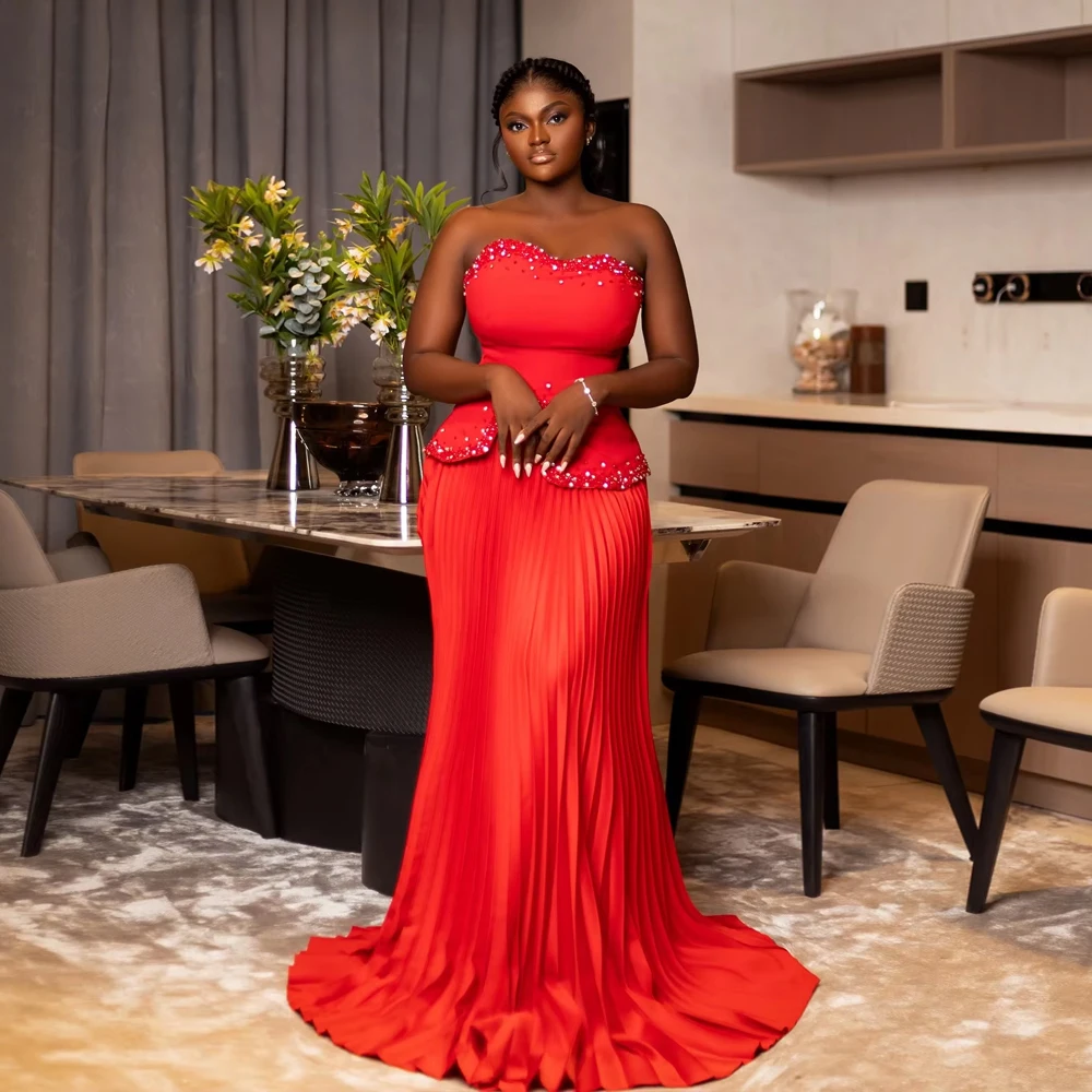 

YiMipwp Red Pleated Evening Dresses African Wedding Reception Dress with Glitter Beaded Pearls Aso Ebi Style Birthday Dress