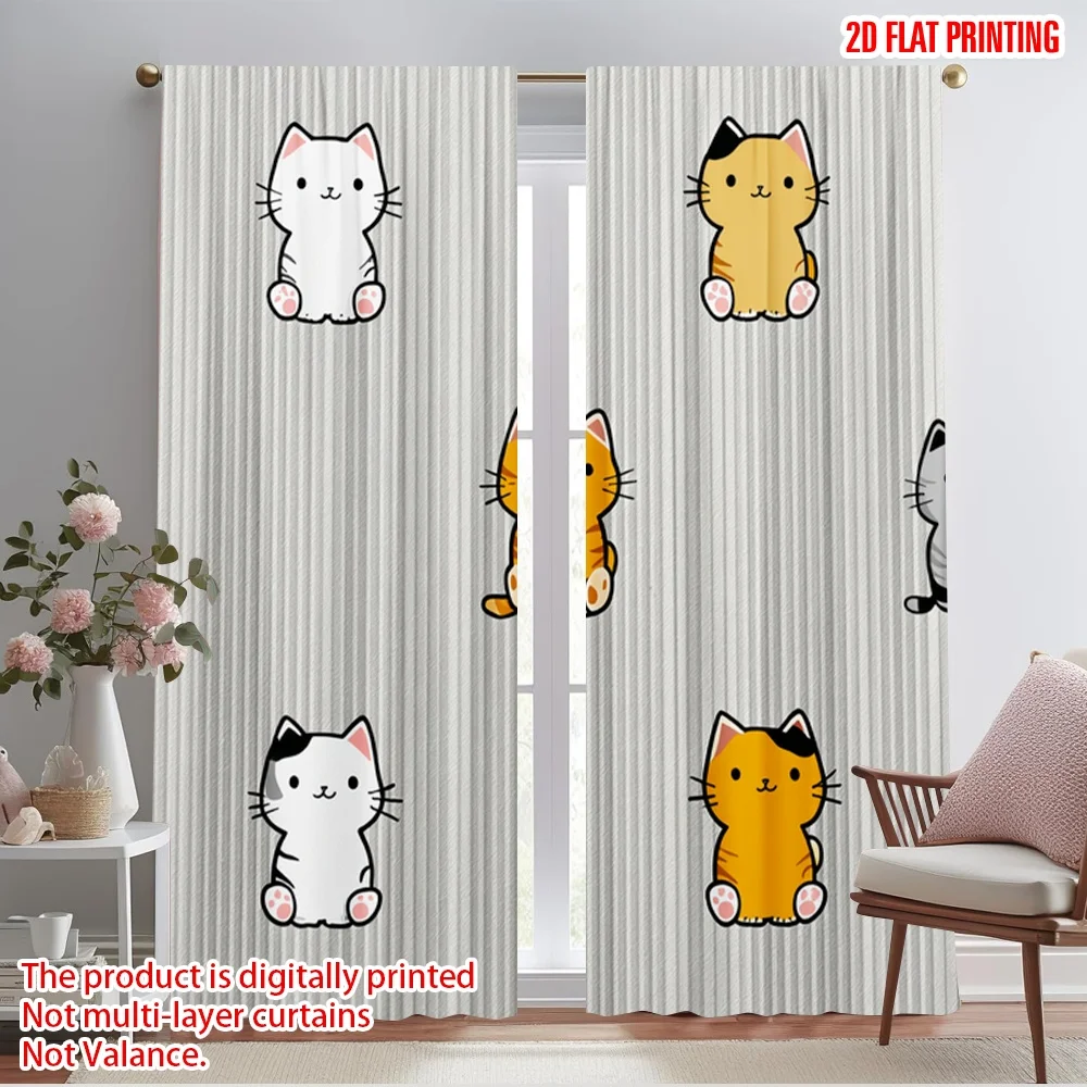 

2pcs 2D flat printing Curtains Cute Cats Sitting 100% Polyester Fabric Without Electricity Festive Holiday Use for Entryway Room