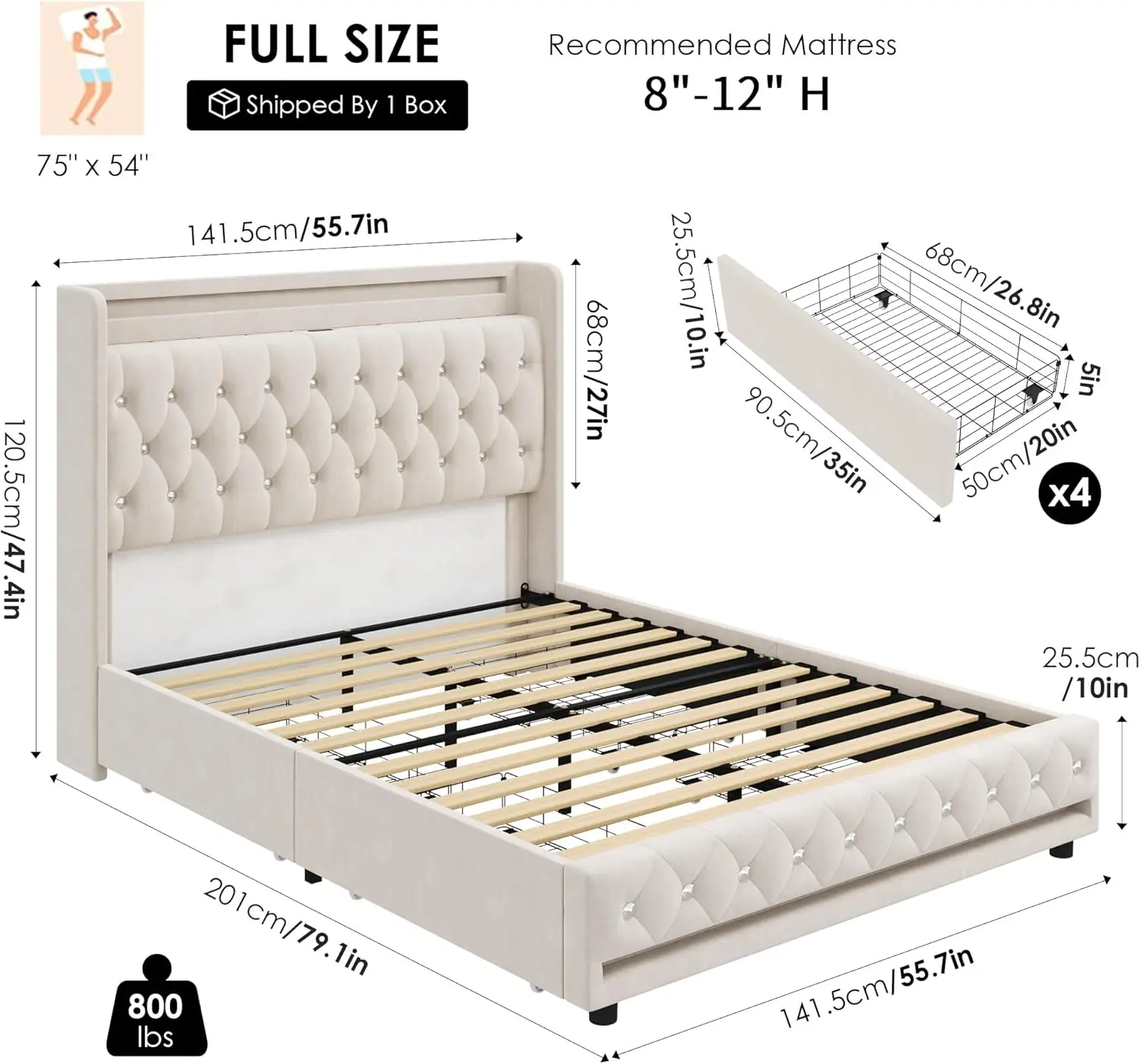 LED Bed Frame with Charging Station and 4 Storage Drawers, Velvet Upholstered Platform Bed with Handcrafted Crystal B