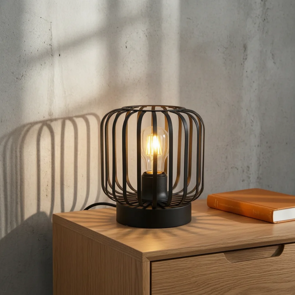 Modern Sculpted Metal Frame Table Lamp Hollow Cage Design E27 EU Plug Industrial Ambient Light Home Accent Desk Lamp