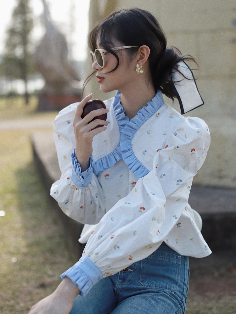 

Retro Fre Embroidered f High Collar Ba Strap Design Lantern Sve Blogger Sle irt Cotton Pure Commute Vintage Loo...