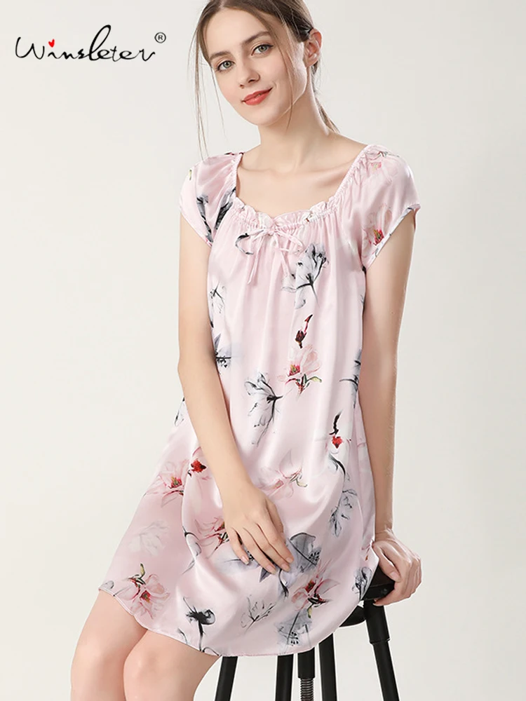 

Winsleter, 100%Real Silk Elegant Nightgown, Women Short Sleeve Print, Loose Comfortable Pajamas Dress, Summer Autumn P49468CC