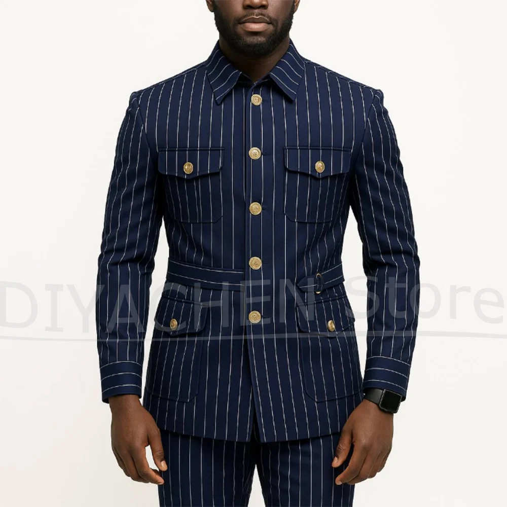 

Men's Pinstripe Suit Set Single Breasted Blazer with Pants Slim Fit Outfits for Smart Casual Unique Stylish Suits 2 Piece