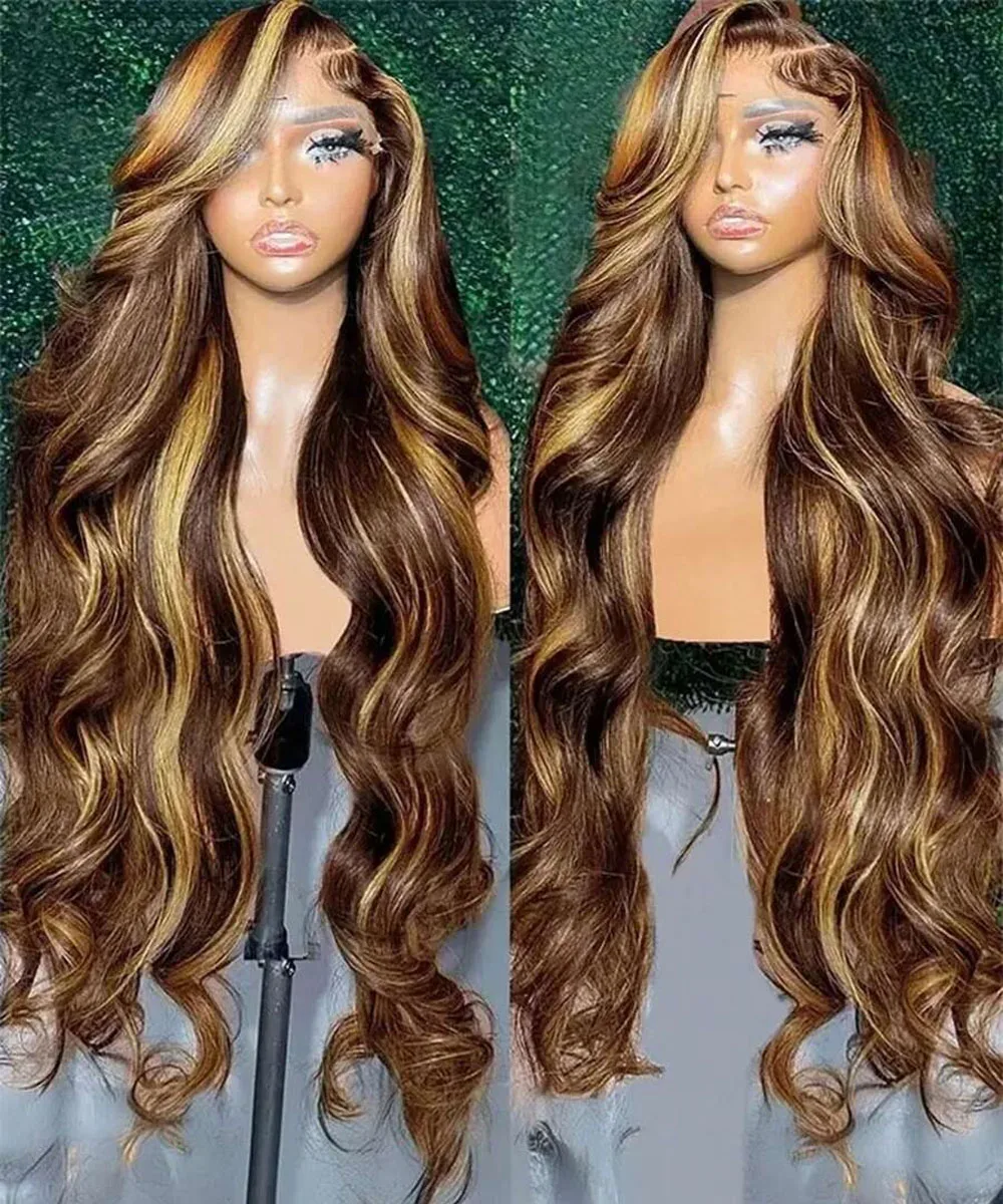 250% الكثافة العسل شقراء الدانتيل شعر مستعار أمامي تسليط الضوء على الجسم موجة شفافة شعر مستعار دانتيل سويسري 4/27 شعر مستعار بني اللون #1